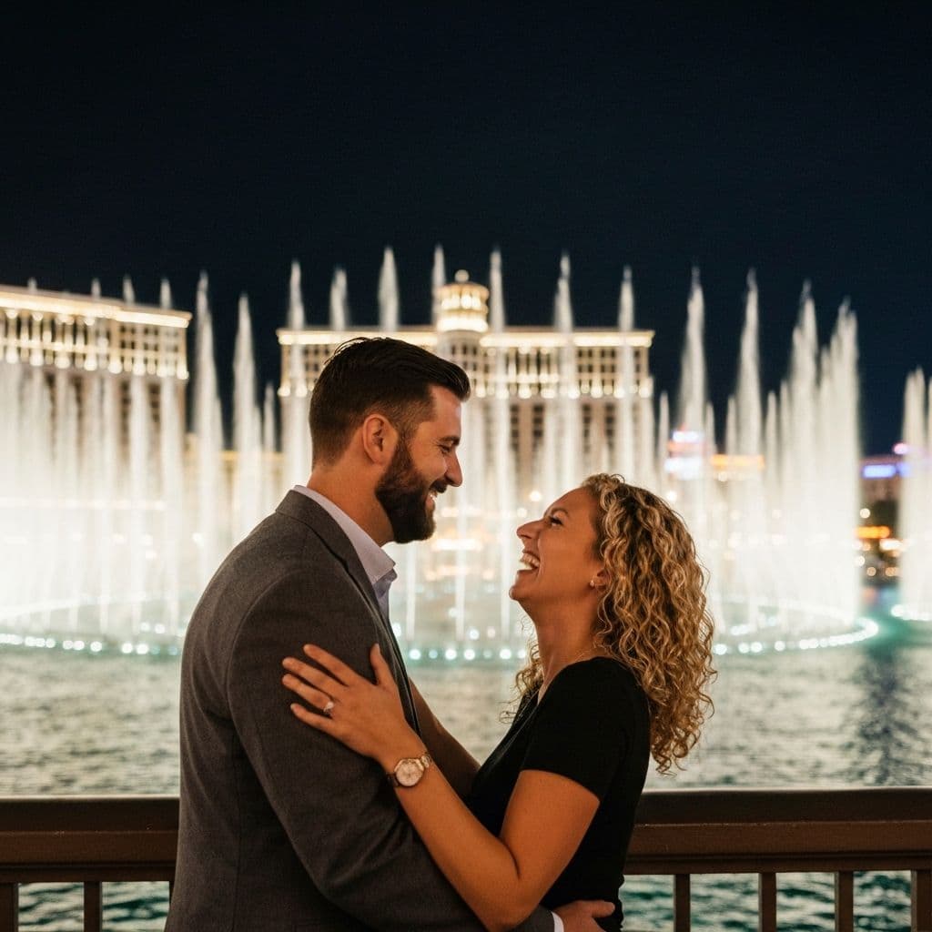 Couple watching Bellagio fountains at night